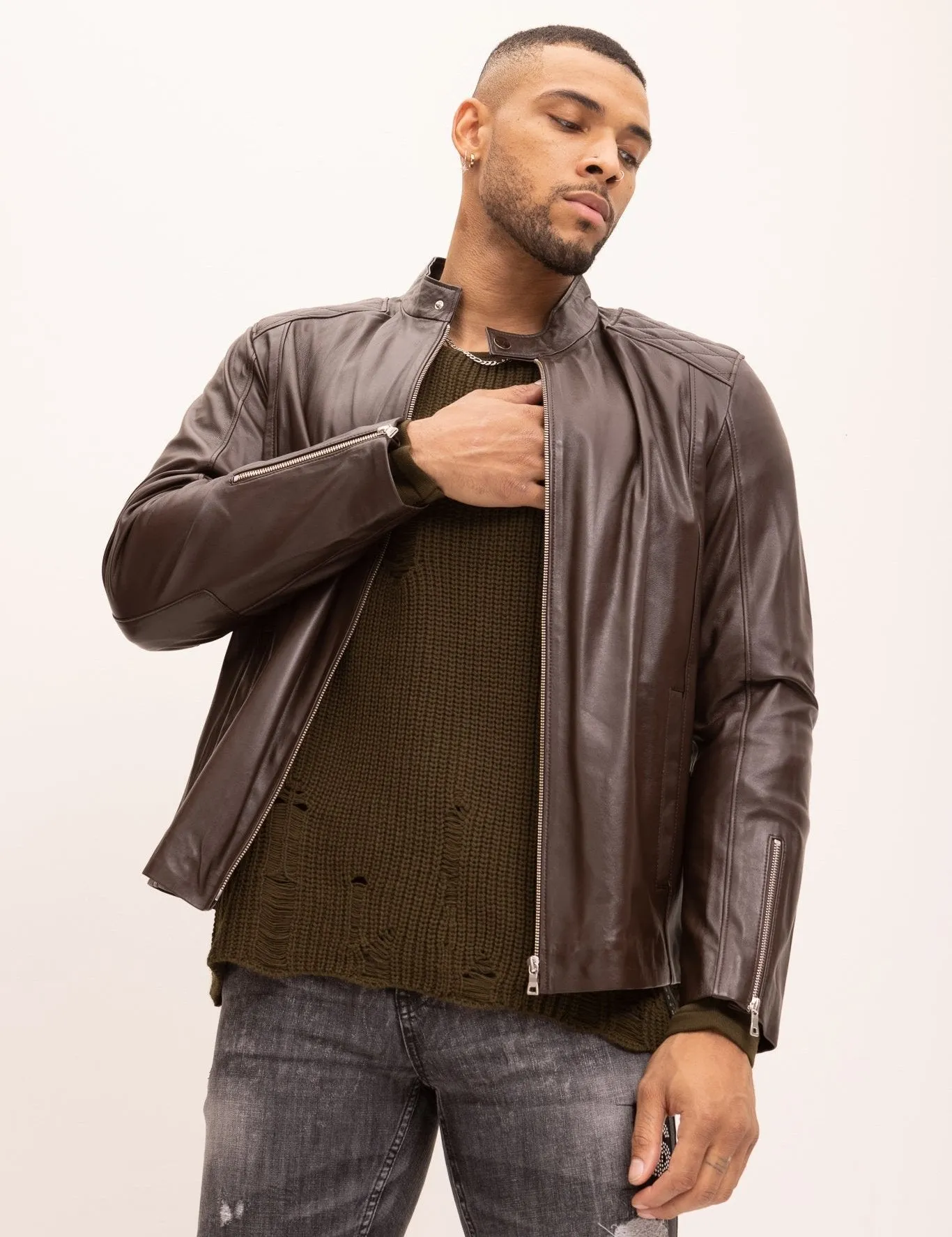 Quilted Detail Leather Jacket - Brown