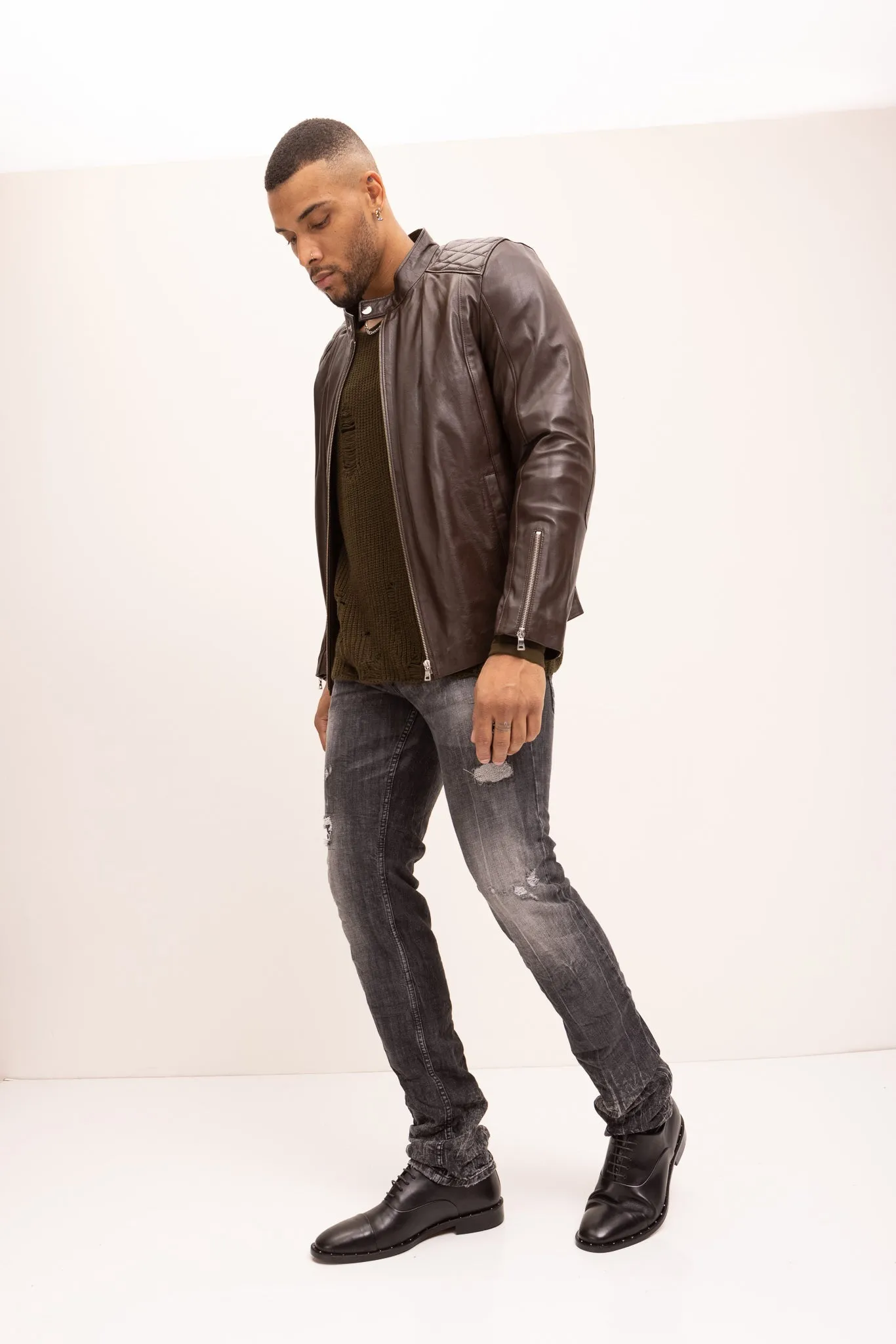 Quilted Detail Leather Jacket - Brown
