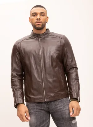 Quilted Detail Leather Jacket - Brown