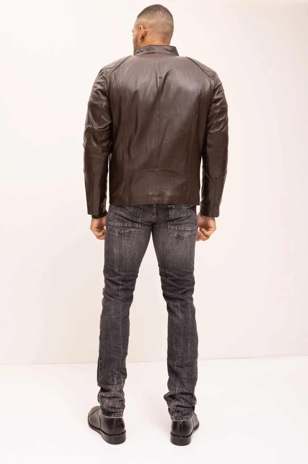 Quilted Detail Leather Jacket - Brown