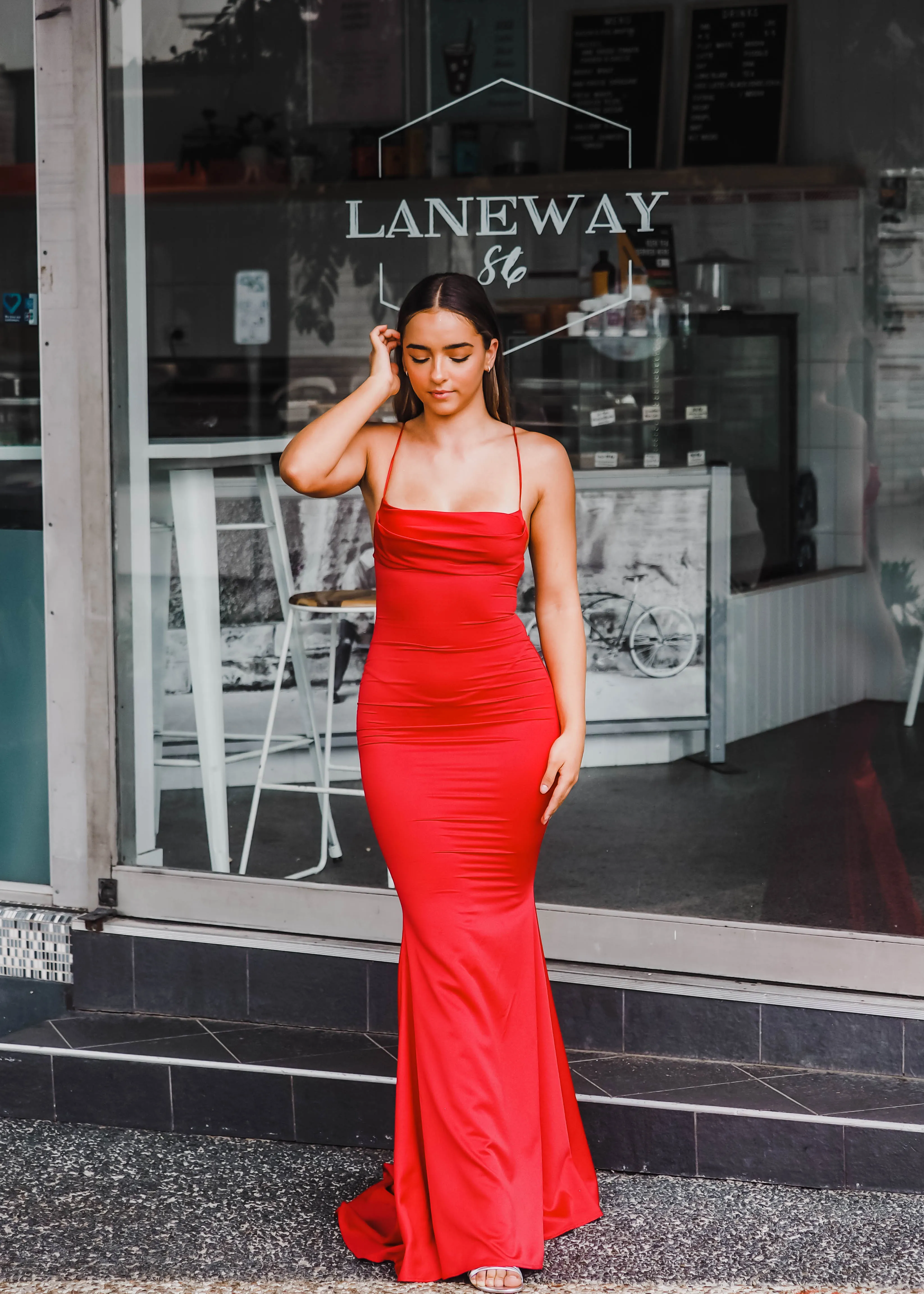 Vibrant satin dress cowl neck top mermaid dress