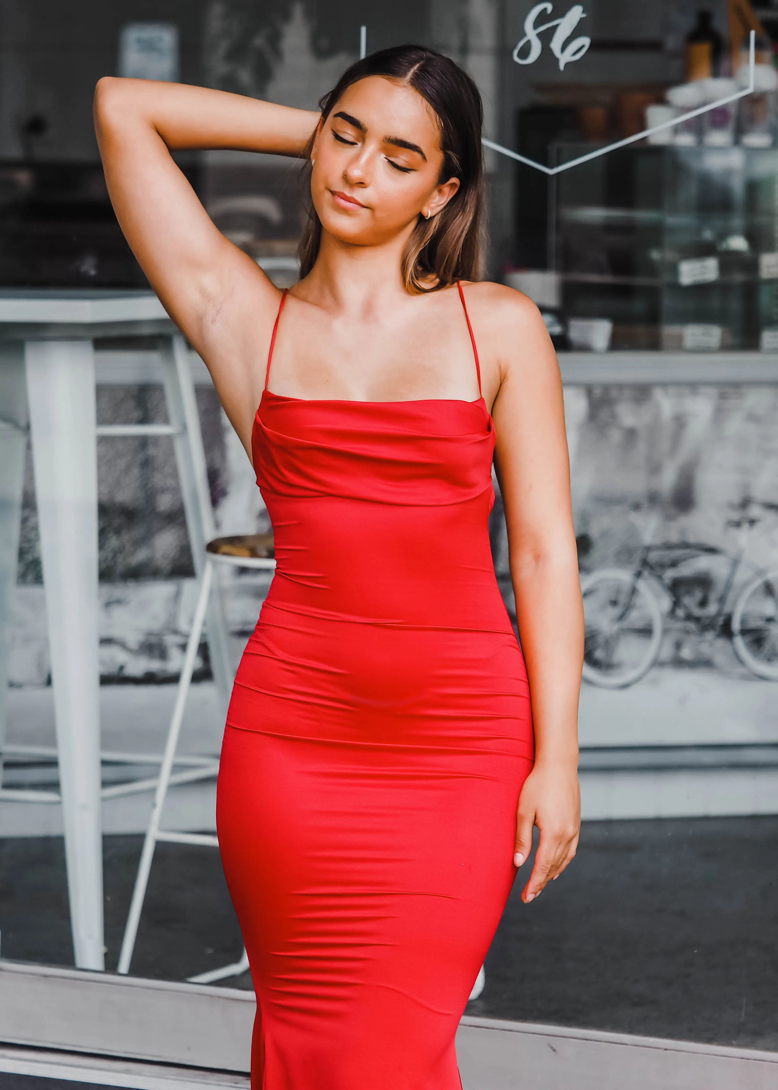 Vibrant satin dress cowl neck top mermaid dress