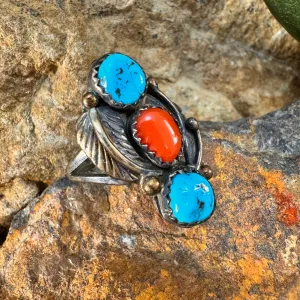 Vintage Sterling Silver Ring with Turquoise and Red Coral Stones Size 8.25 - Estate