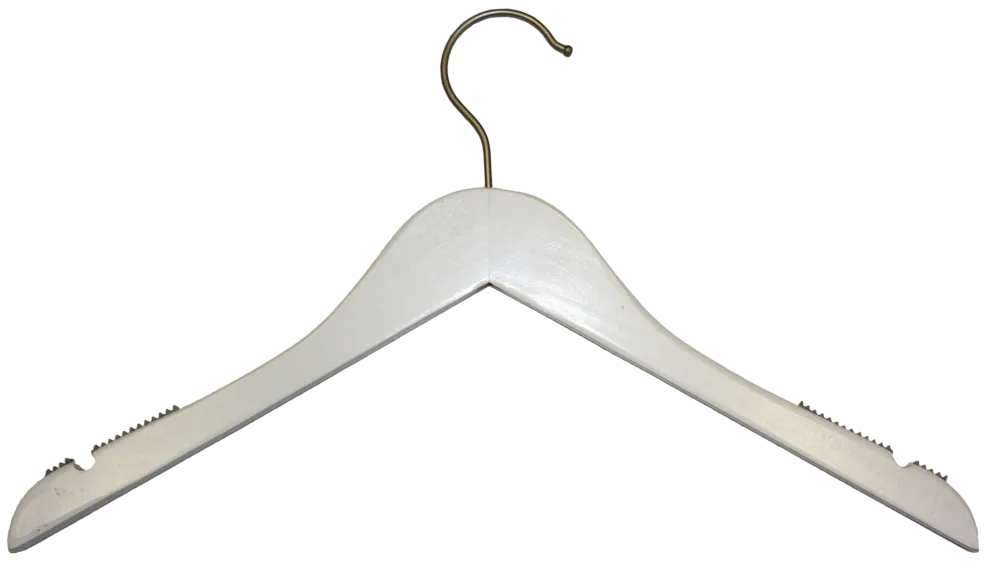 WHITE WOOD TOP HANGER WITH NOTCHES 17" WITH SATIN HOOK PACK 100