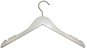 WHITE WOOD TOP HANGER WITH NOTCHES 17" WITH SATIN HOOK PACK 100