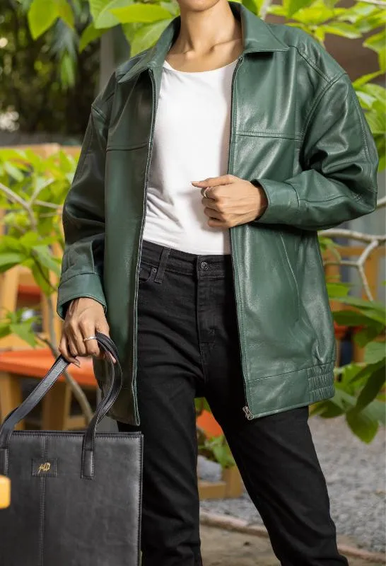 Womens Oversized Green Leather Jacket
