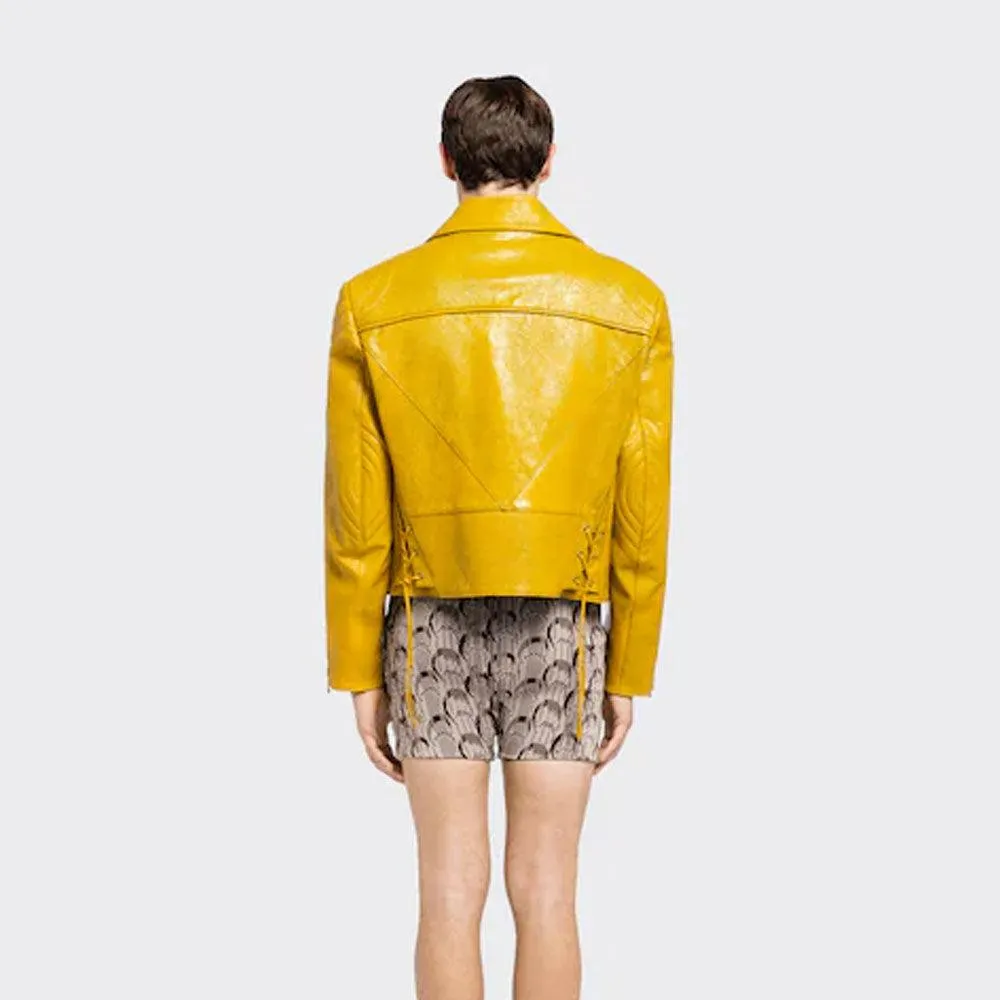 Women's Yellow cowhide leather biker jacket