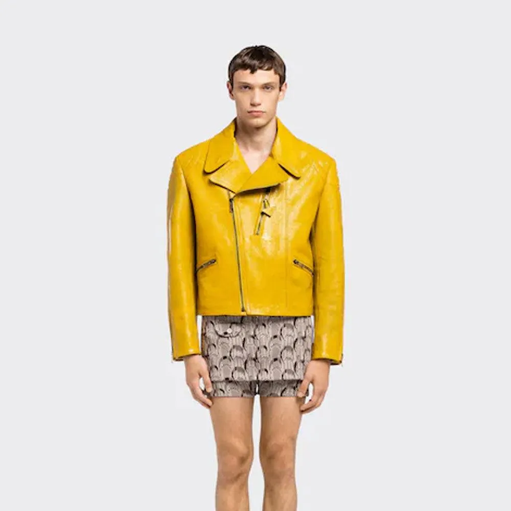 Women's Yellow cowhide leather biker jacket
